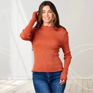Orange Shimmer Ribbed Long Sleeve Top